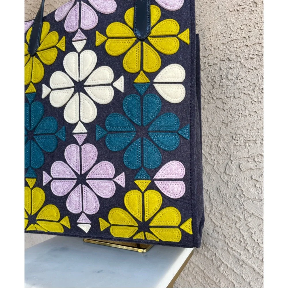 KATE SPADE Blue Purple Kitt North South Floral Felt Tote Bag & Matching Pouch
